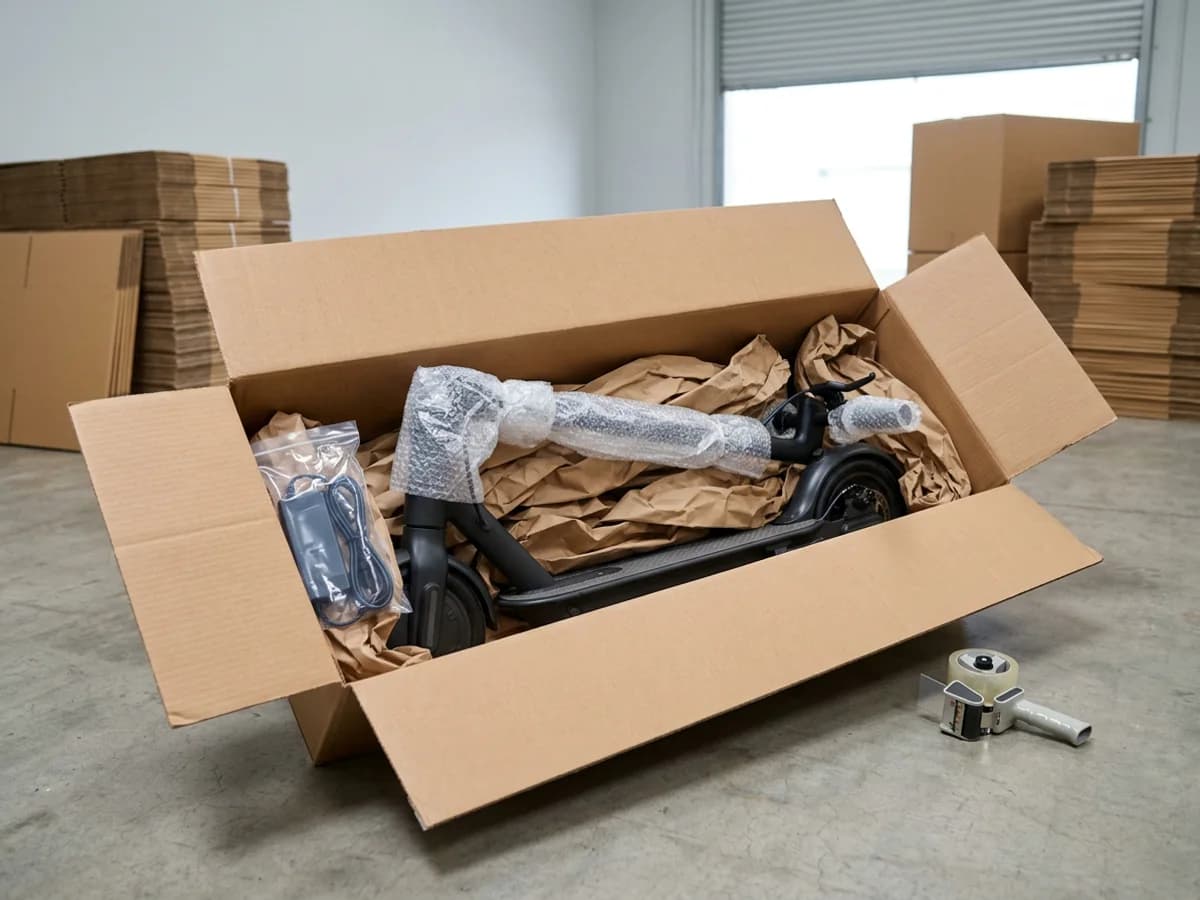 Scooter eléctrico plegado dentro de una caja de cartón con plástico de burbujas y relleno